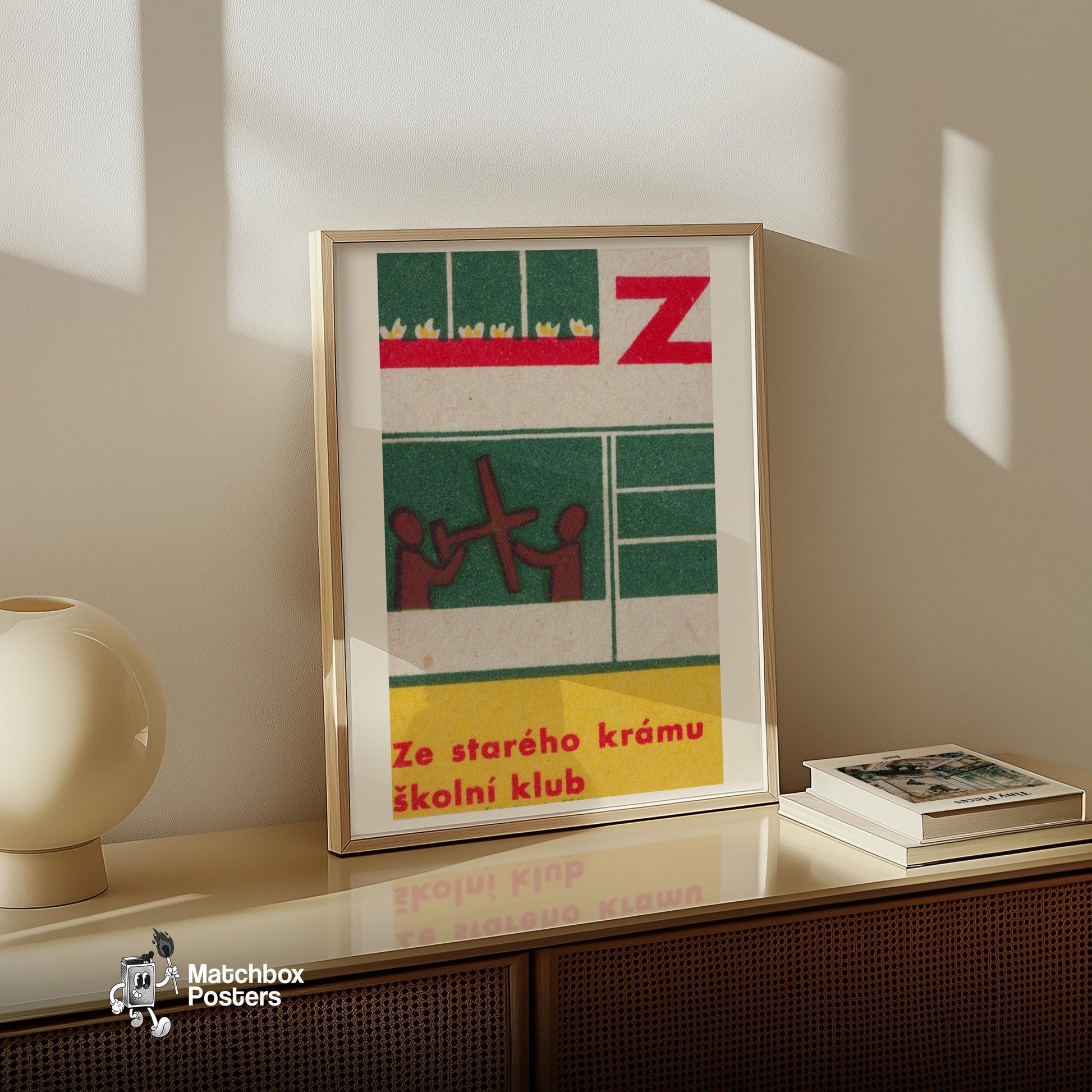 Two Figures with Cross - vintage matchbox label print - size comparison