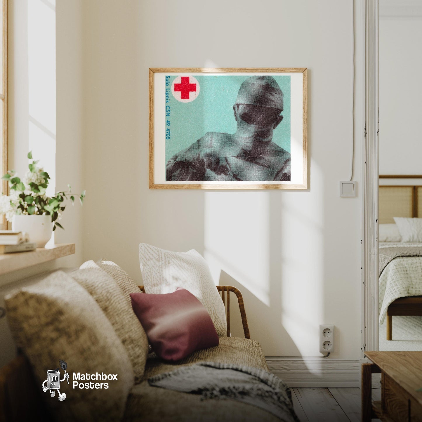 Surgeon with Red Cross - vintage matchbox label print - living room mockup