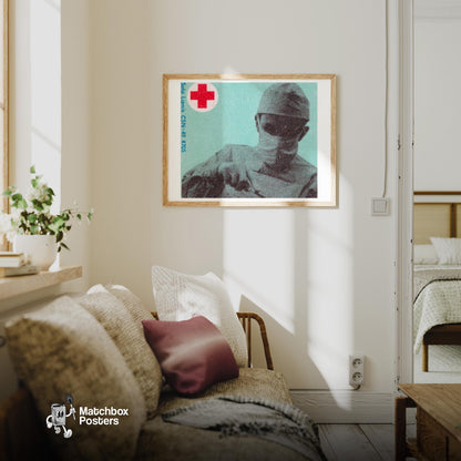 Surgeon with Red Cross - vintage matchbox label print - living room mockup