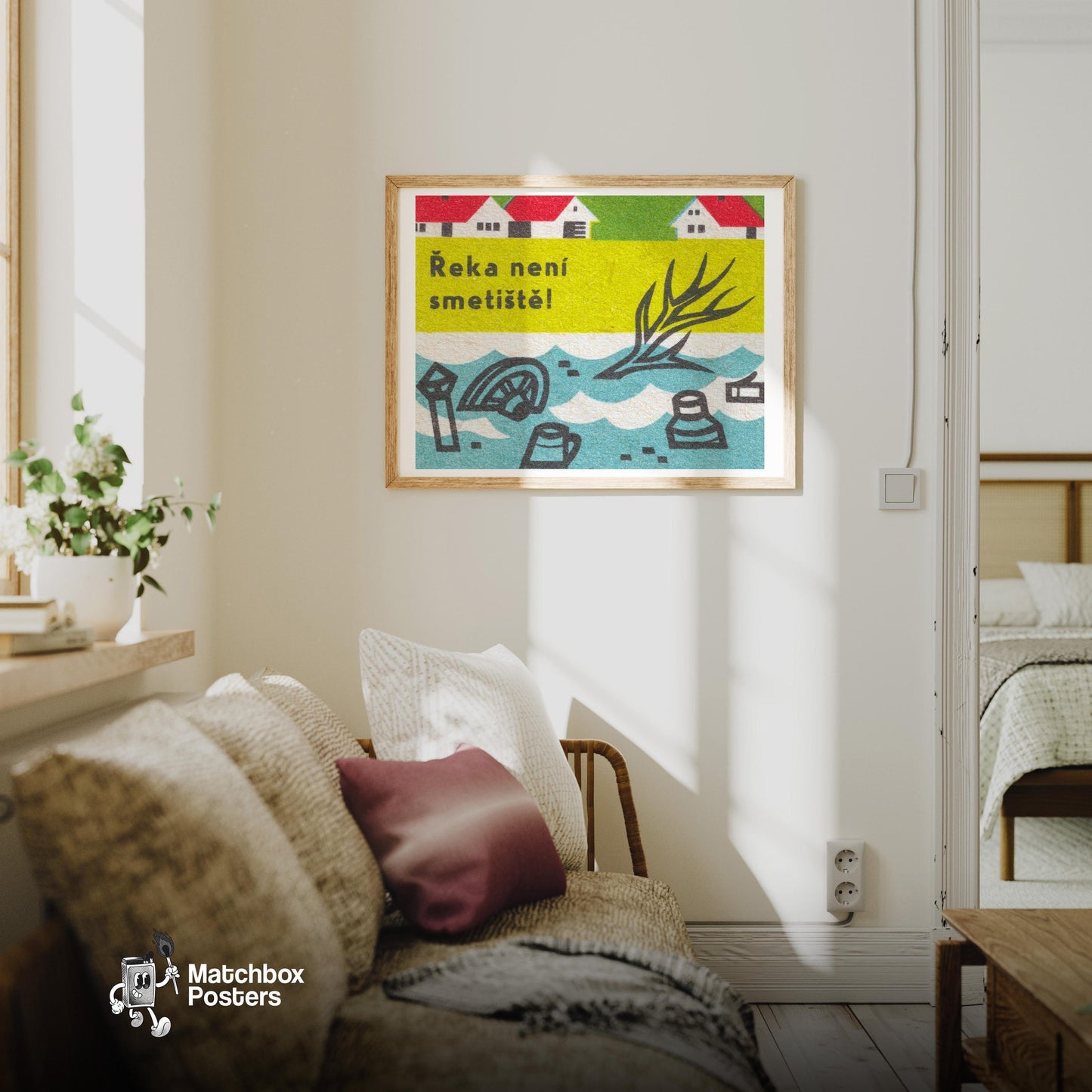 The River is Not a Dump - vintage matchbox label print - living room mockup