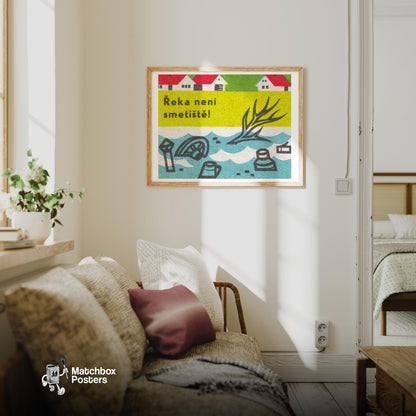The River is Not a Dump - vintage matchbox label print - living room mockup