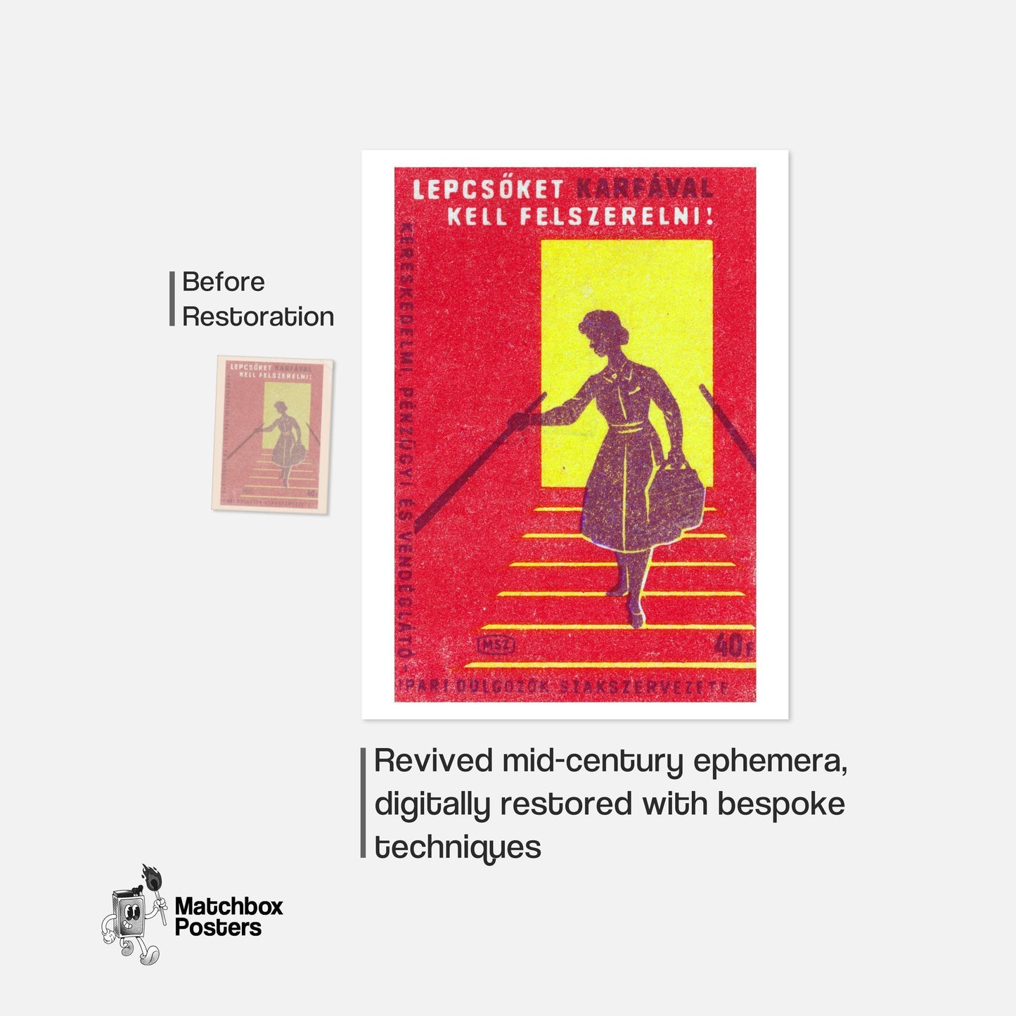 Woman on Stairs - vintage matchbox label print - framed wall art preview