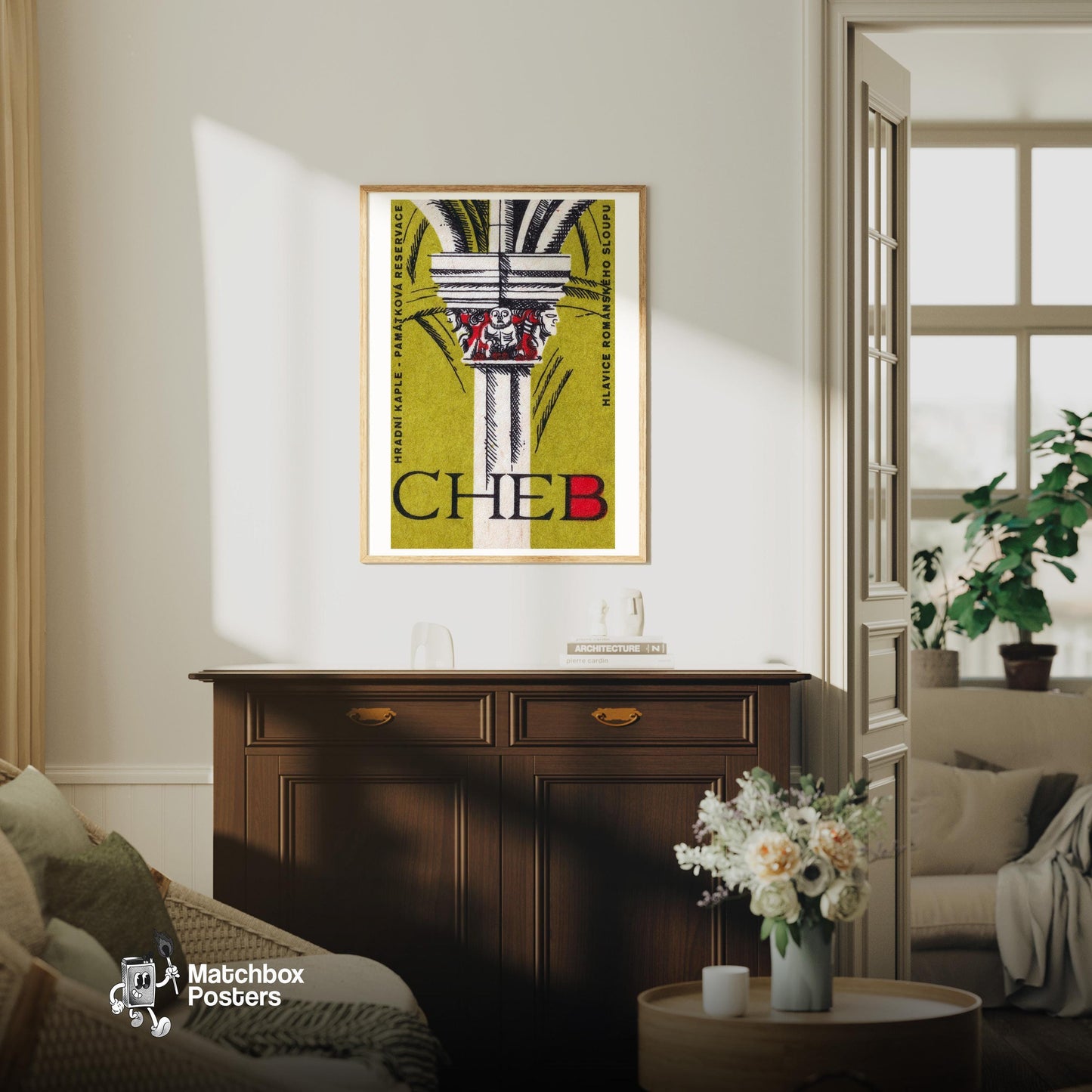 Carved Column - vintage matchbox label print - living room mockup