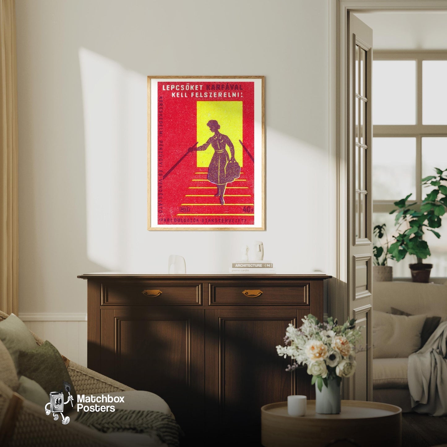 Woman on Stairs - vintage matchbox label print - living room mockup