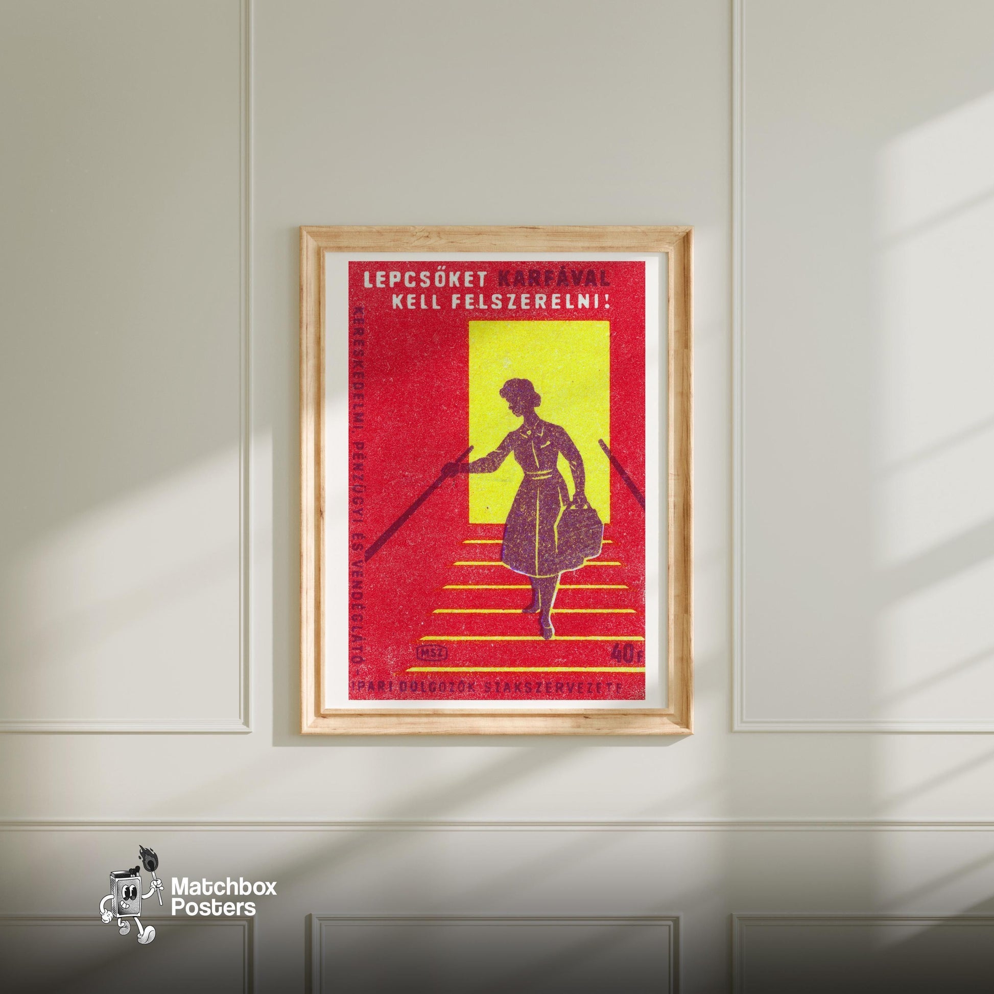 Woman on Stairs - vintage matchbox label print - bedroom mockup