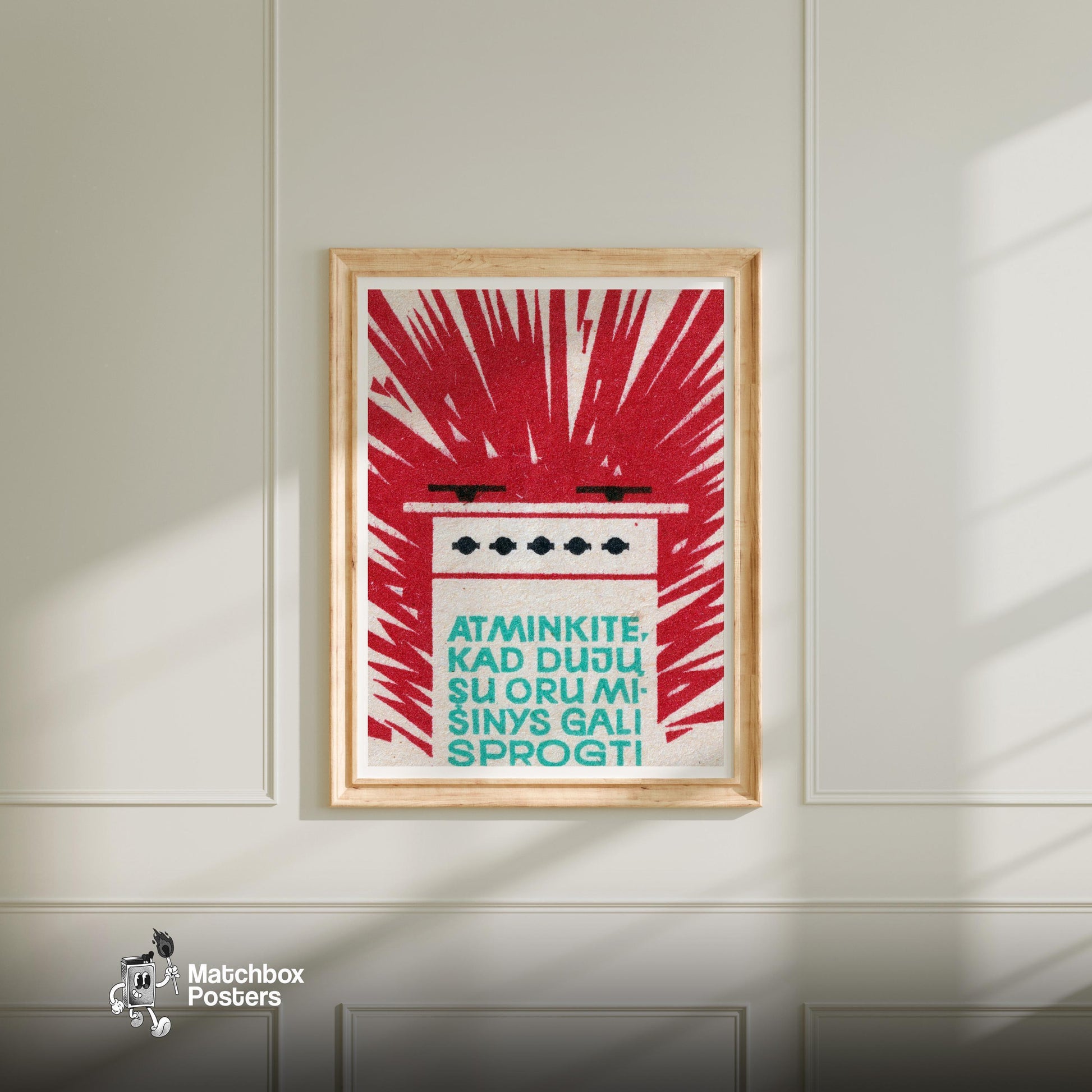 Gas Stove Explosion - vintage matchbox label print - bedroom mockup
