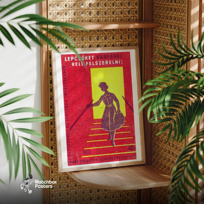 Woman on Stairs - vintage matchbox label print - office wall