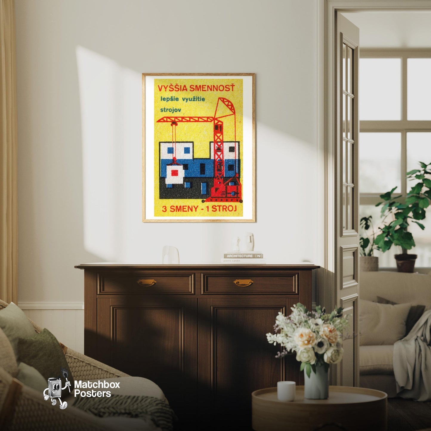 Red Construction Crane - vintage matchbox label print - living room mockup
