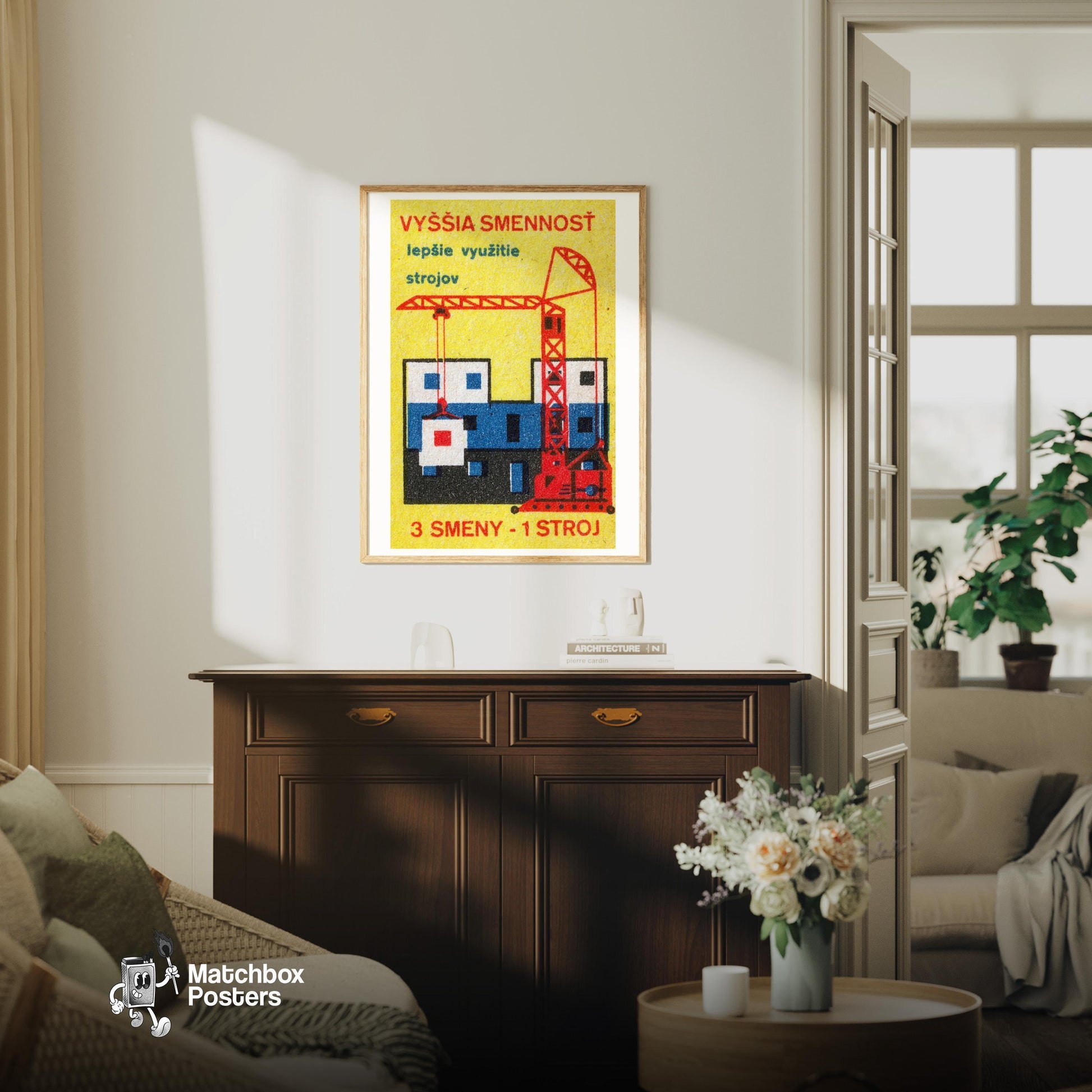Red Construction Crane - vintage matchbox label print - living room mockup