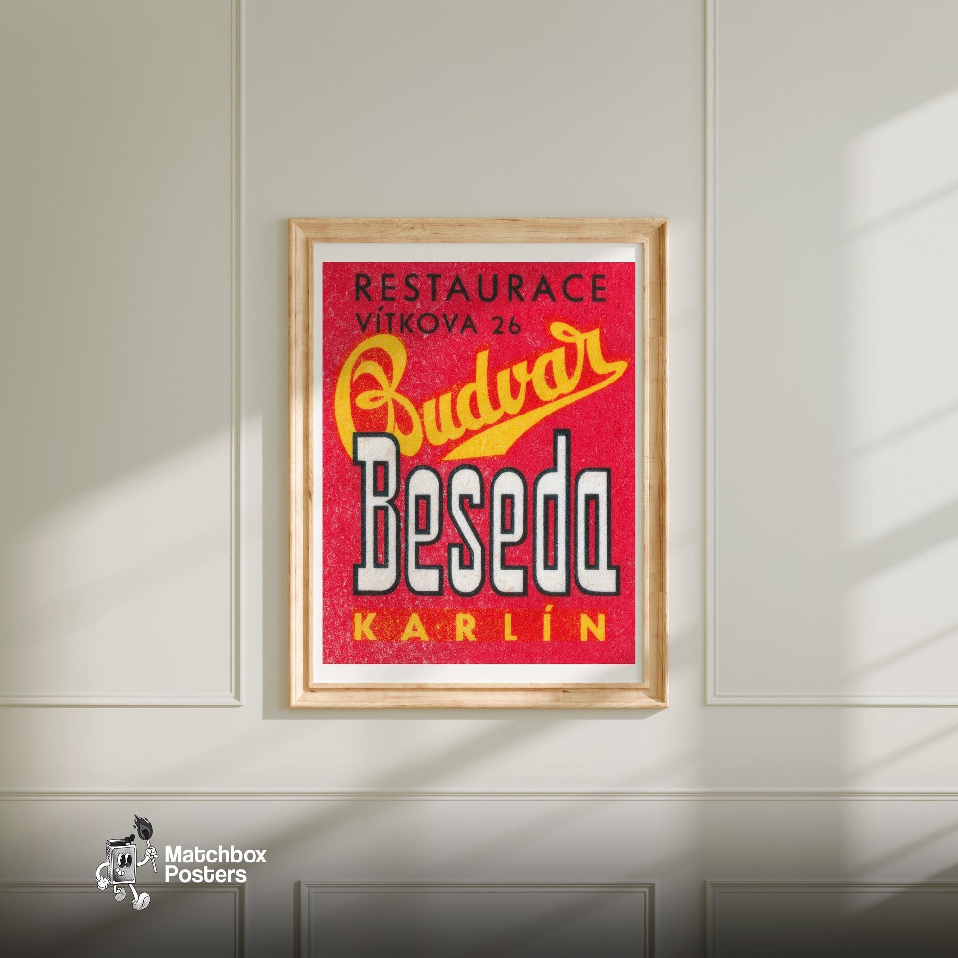 Budvar - vintage matchbox label print - bedroom mockup