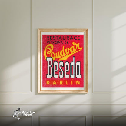 Budvar - vintage matchbox label print - bedroom mockup