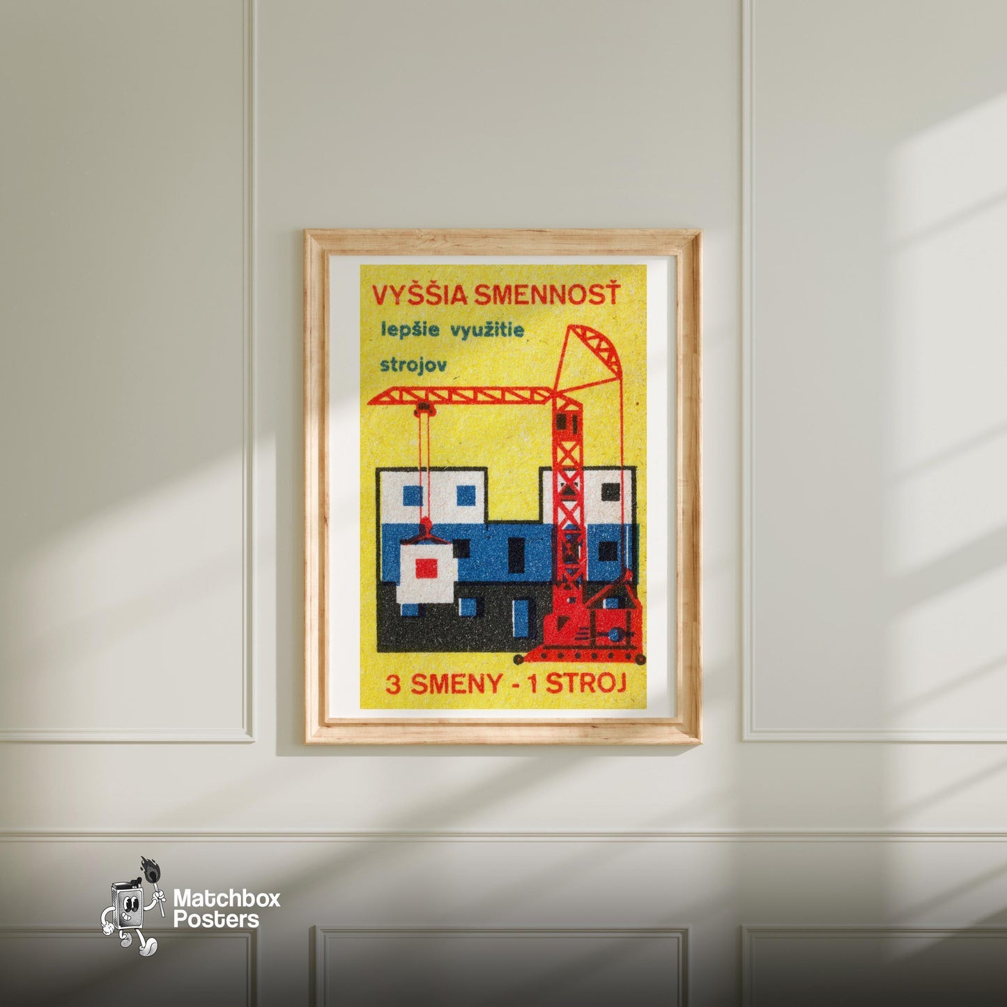 Red Construction Crane - vintage matchbox label print - bedroom mockup