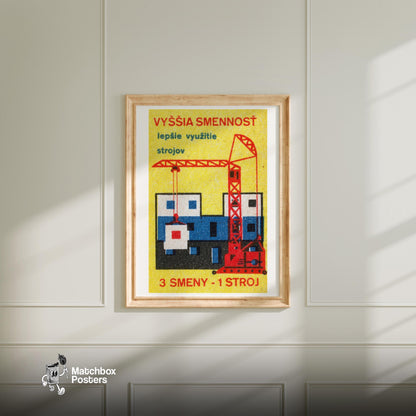 Red Construction Crane - vintage matchbox label print - bedroom mockup