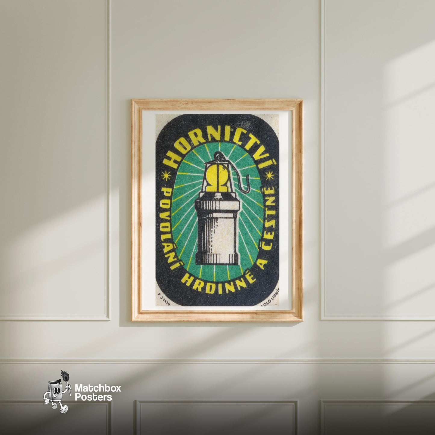 Miner's Lamp - vintage matchbox label print - bedroom mockup