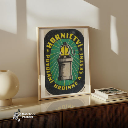 Miner's Lamp - vintage matchbox label print - size comparison