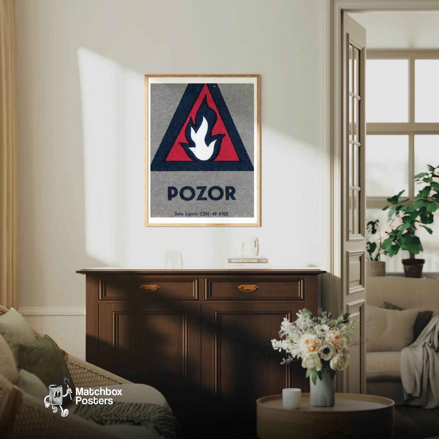 Warning Symbol - vintage matchbox label print - living room mockup