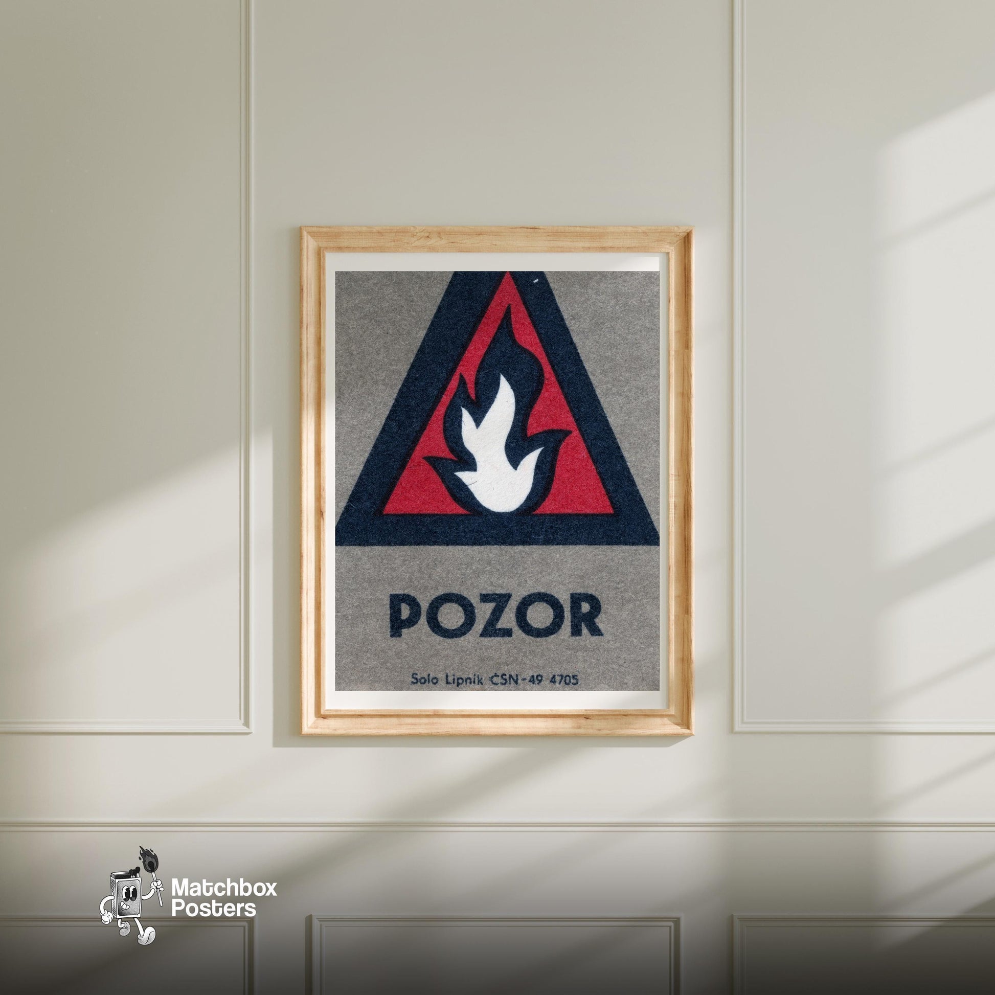 Warning Symbol - vintage matchbox label print - bedroom mockup