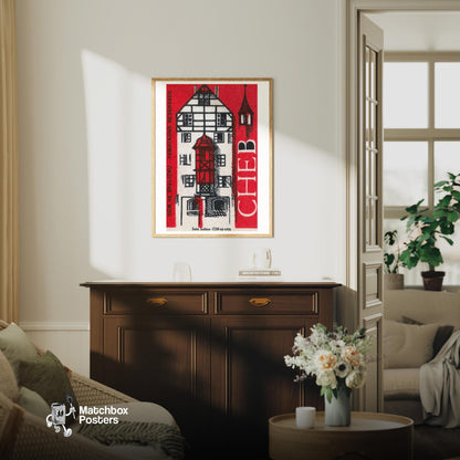 Traditional Romanian House - vintage matchbox label print - living room mockup