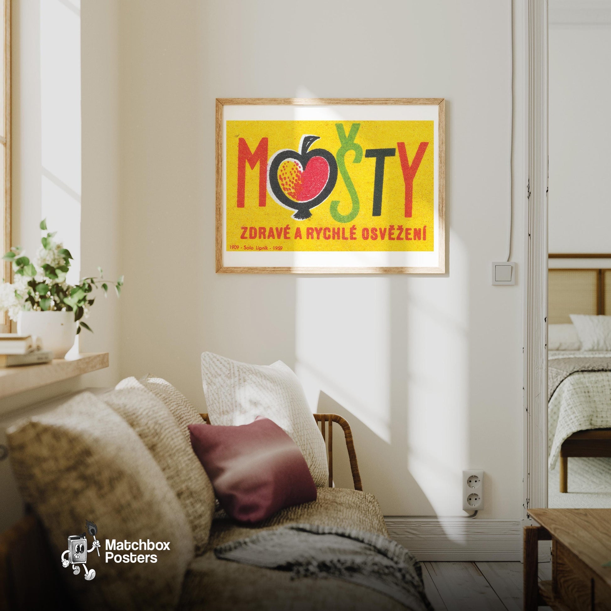 Apple - vintage matchbox label print - living room mockup