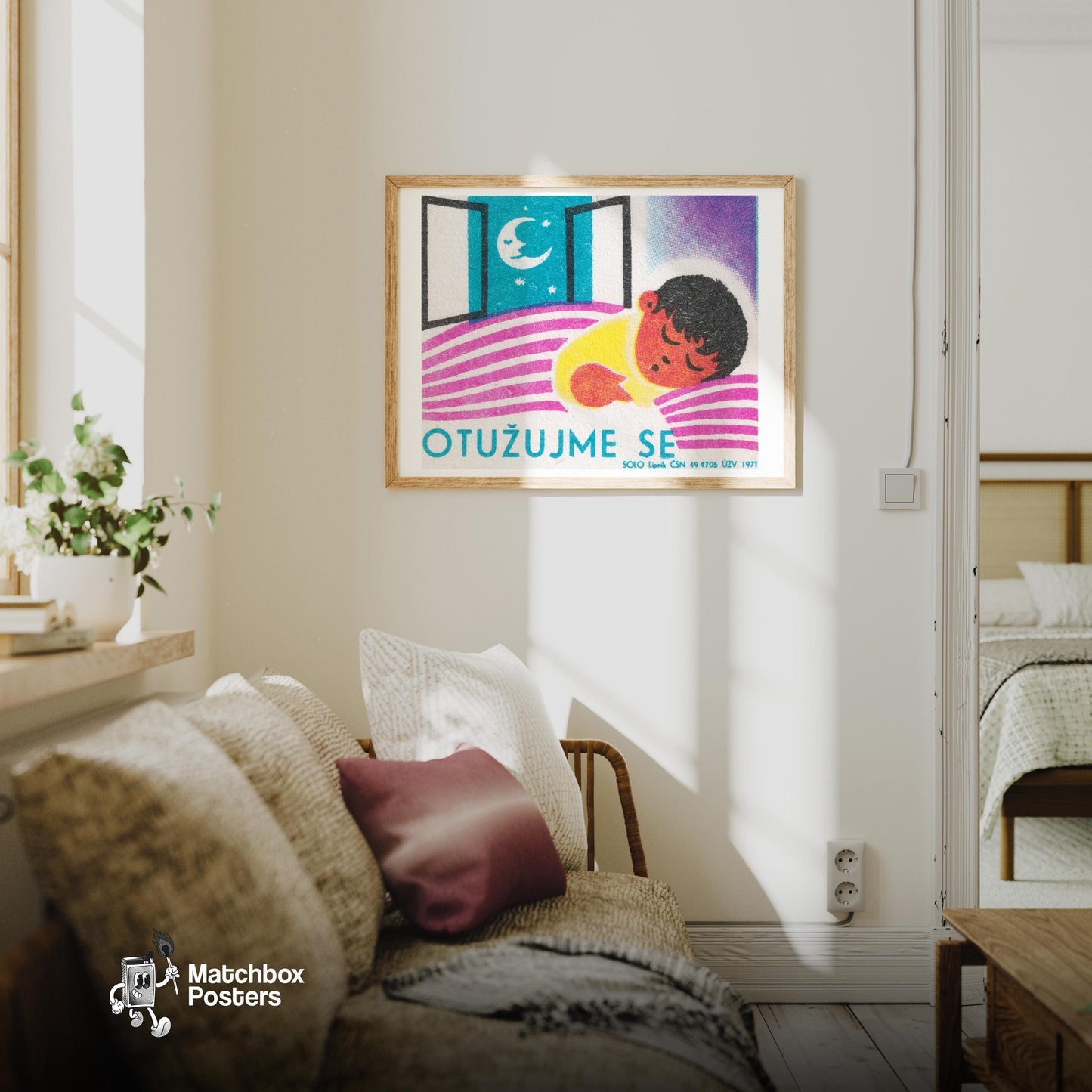 Sleeping Child - vintage matchbox label print - living room mockup