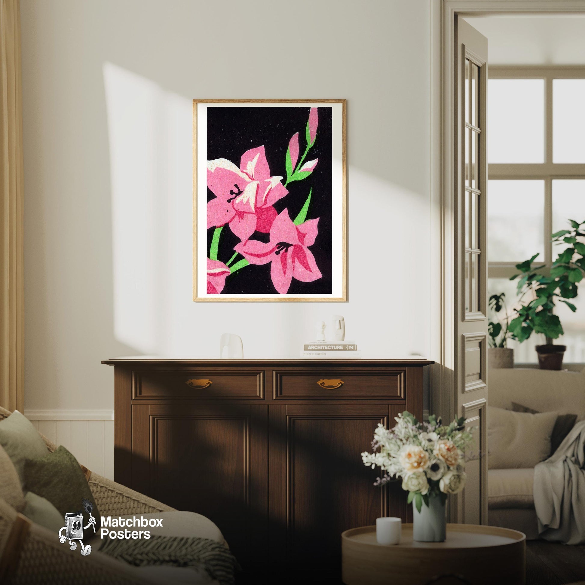 Pink Flower - vintage matchbox label print - living room mockup