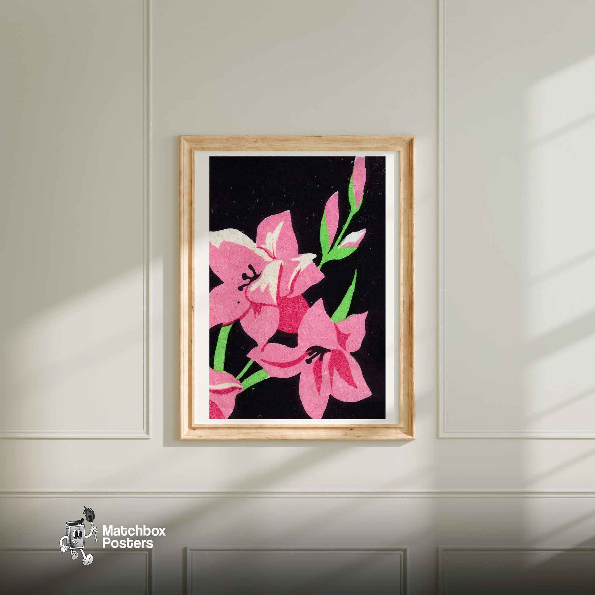 Pink Flower - vintage matchbox label print - bedroom mockup
