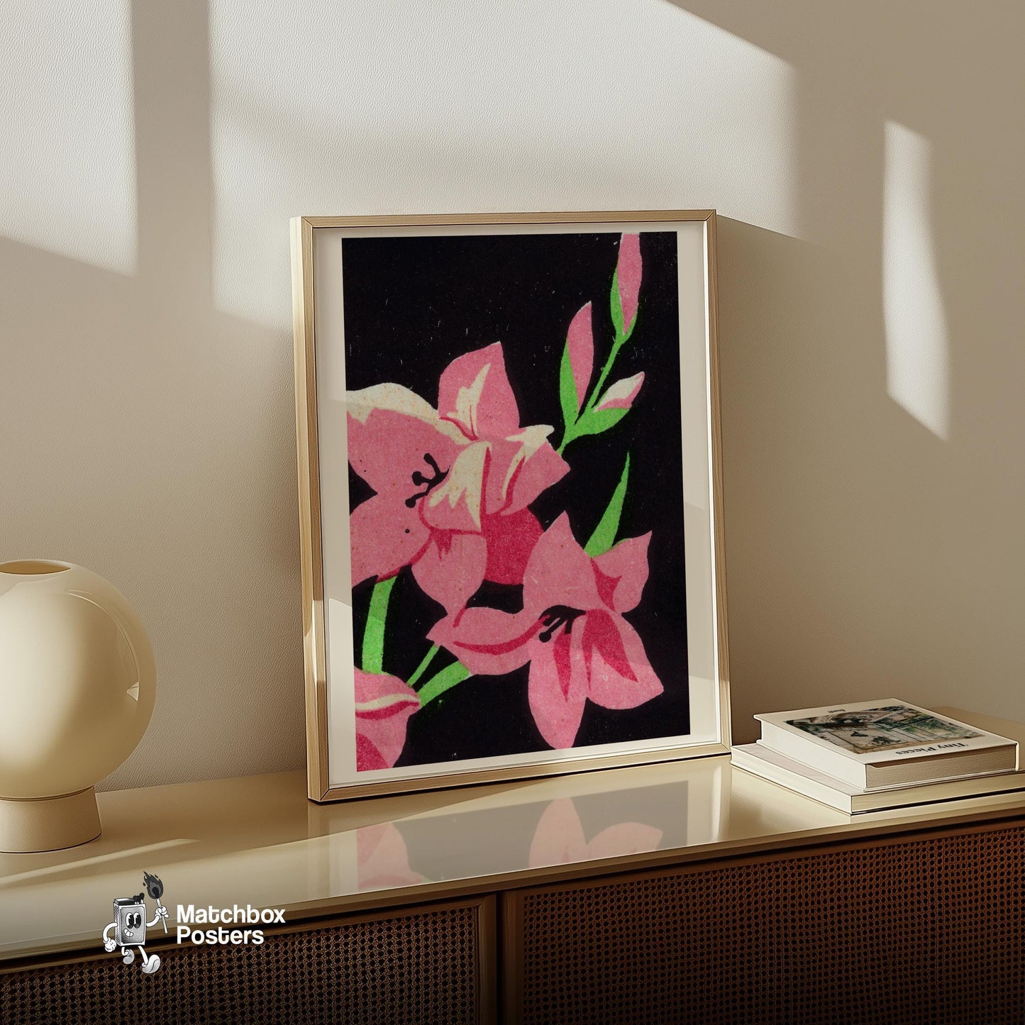 Pink Flower - vintage matchbox label print - size comparison