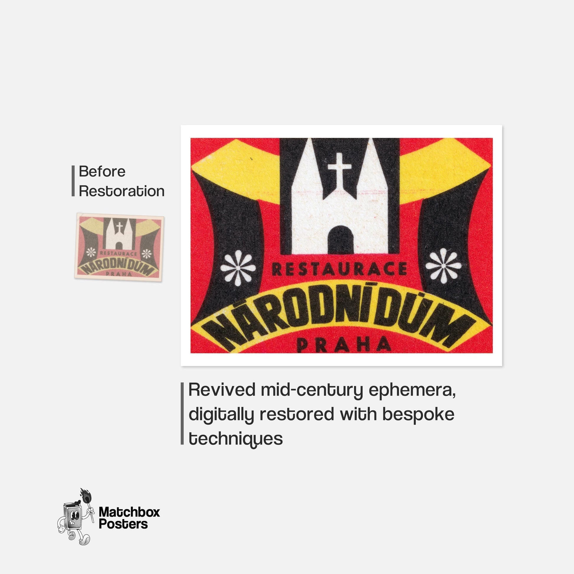 White Church Restaurant Prague - vintage matchbox label print - framed wall art preview