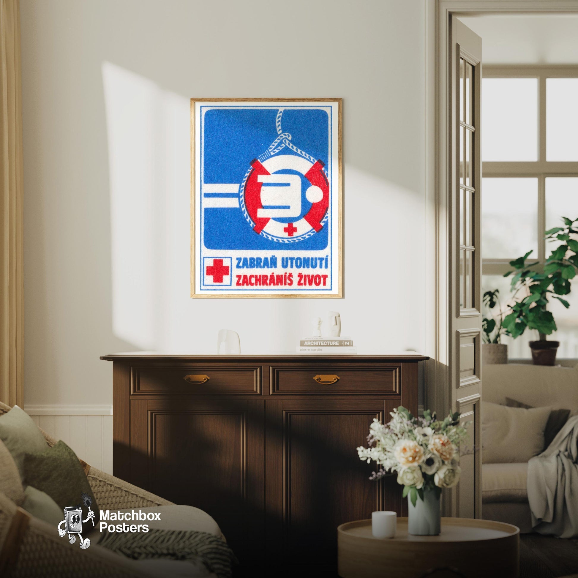 Drowning Person Rescue - vintage matchbox label print - living room mockup