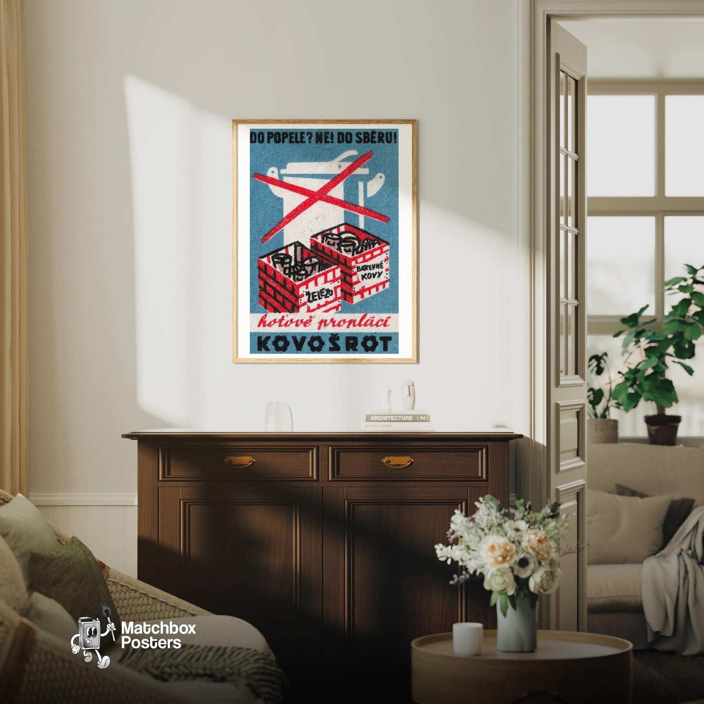 No Metal in Trash - vintage matchbox label print - living room mockup