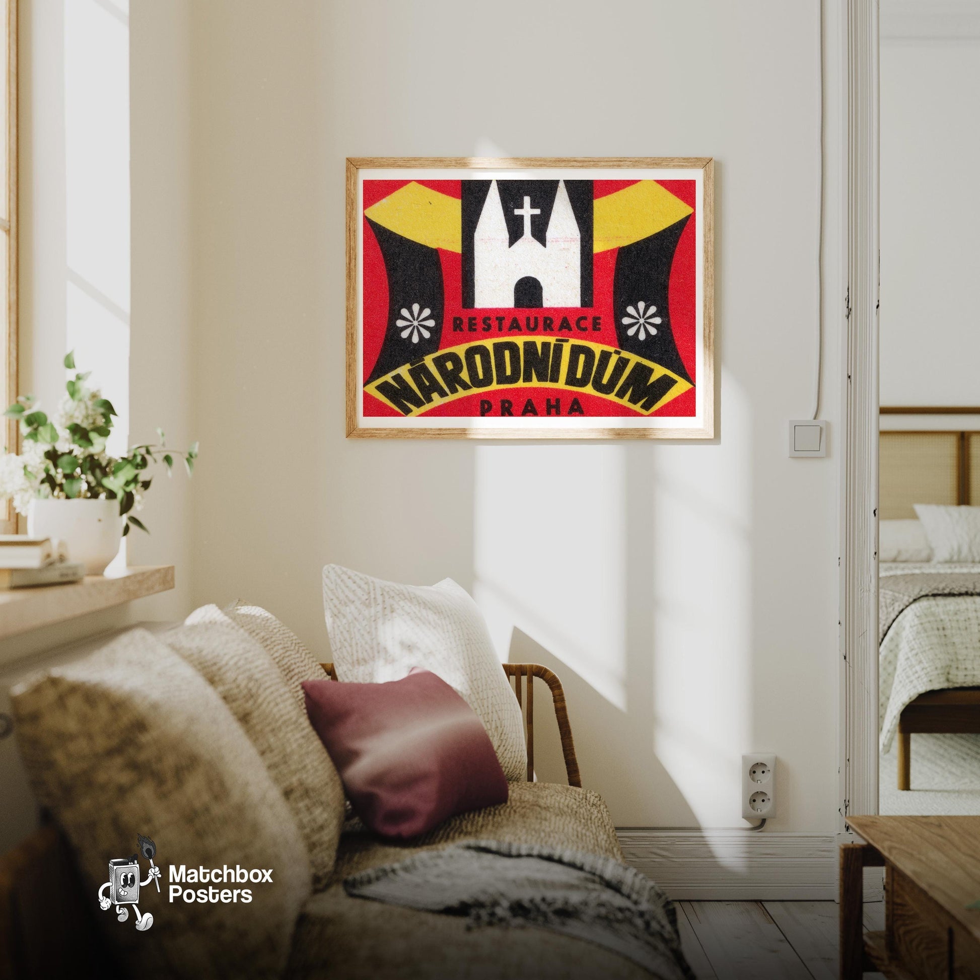 White Church Restaurant Prague - vintage matchbox label print - living room mockup