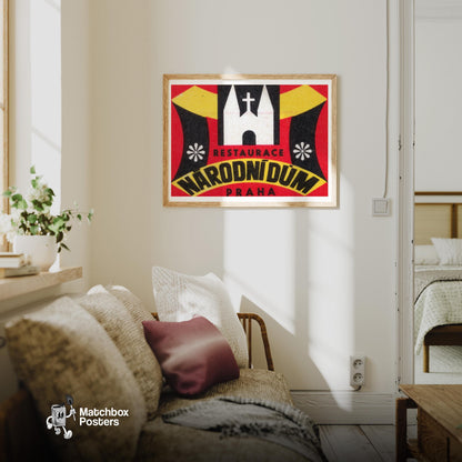 White Church Restaurant Prague - vintage matchbox label print - living room mockup