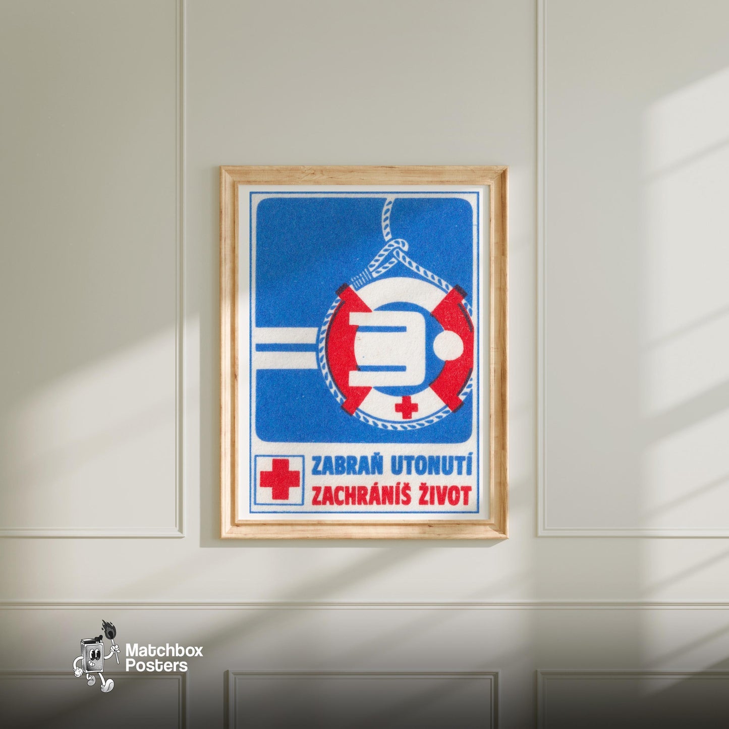 Drowning Person Rescue - vintage matchbox label print - bedroom mockup