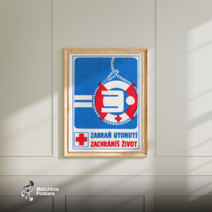 Drowning Person Rescue - vintage matchbox label print - bedroom mockup
