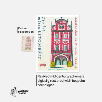 Tall Red House - vintage matchbox label print - framed wall art preview