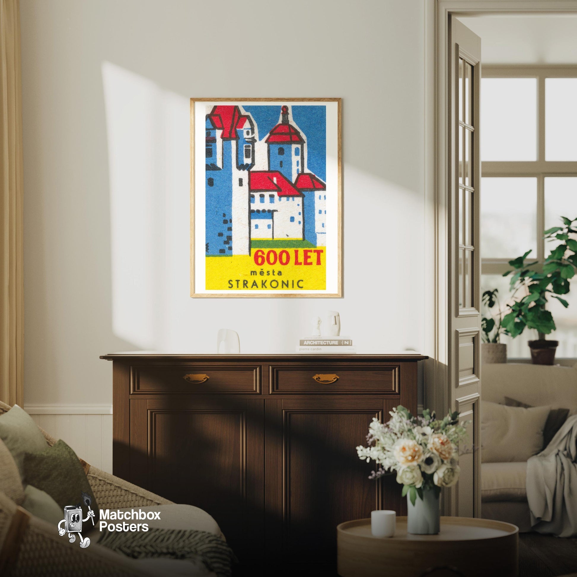 Red Roof Castle - vintage matchbox label print - living room mockup
