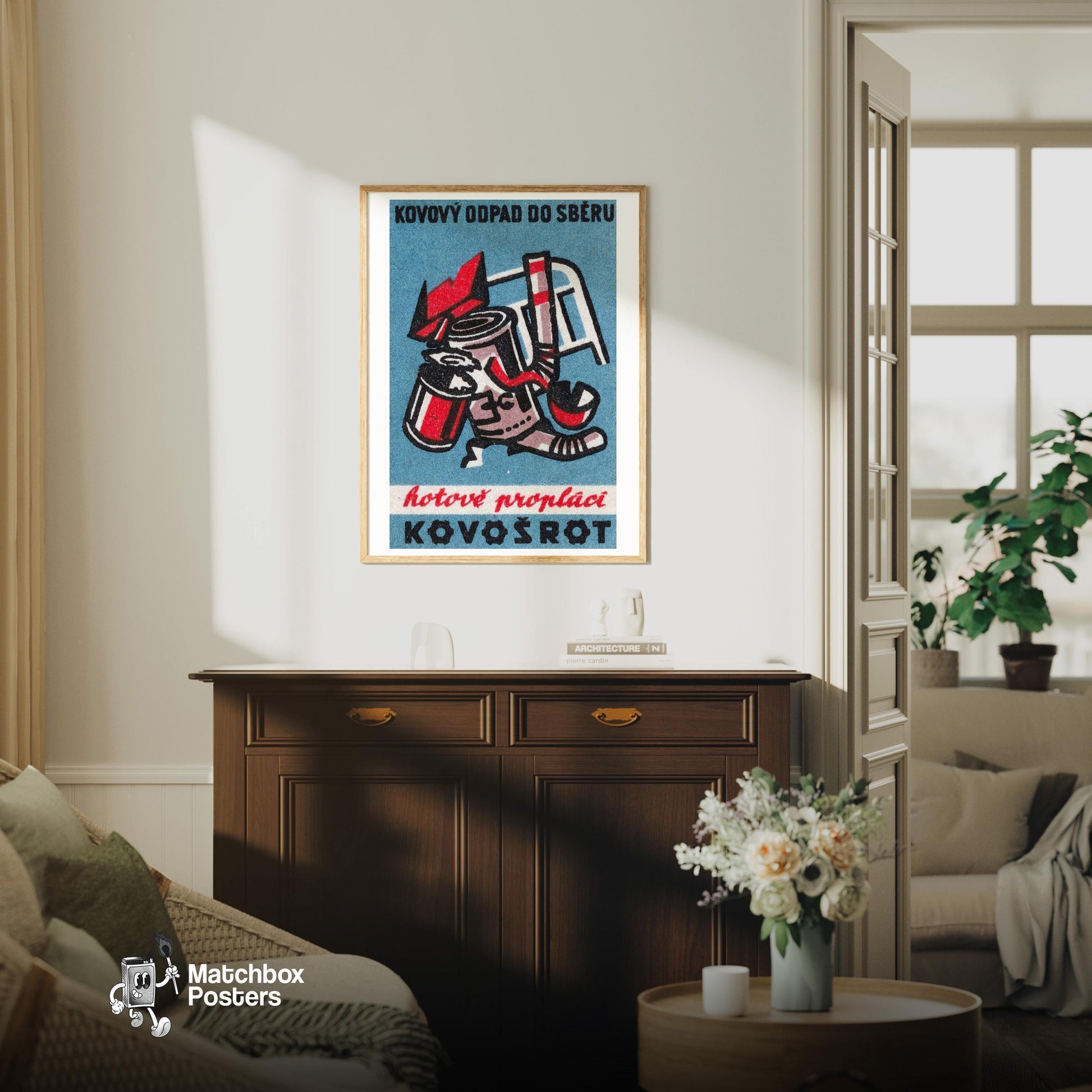 Recycle Your Metal - vintage matchbox label print - living room mockup