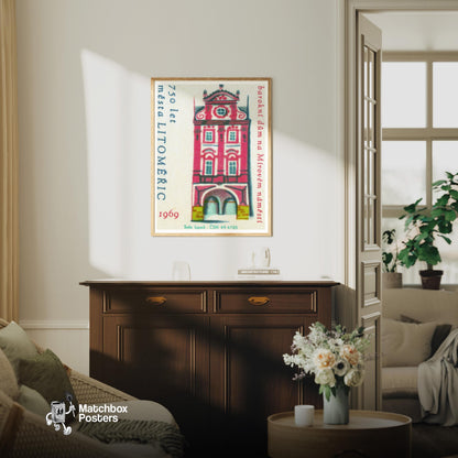 Tall Red House - vintage matchbox label print - living room mockup