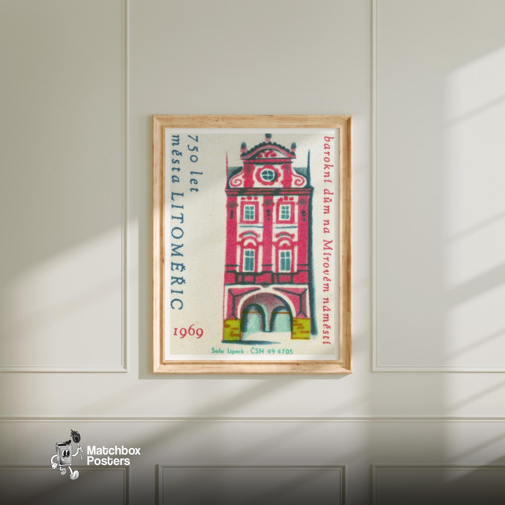Tall Red House - vintage matchbox label print - bedroom mockup