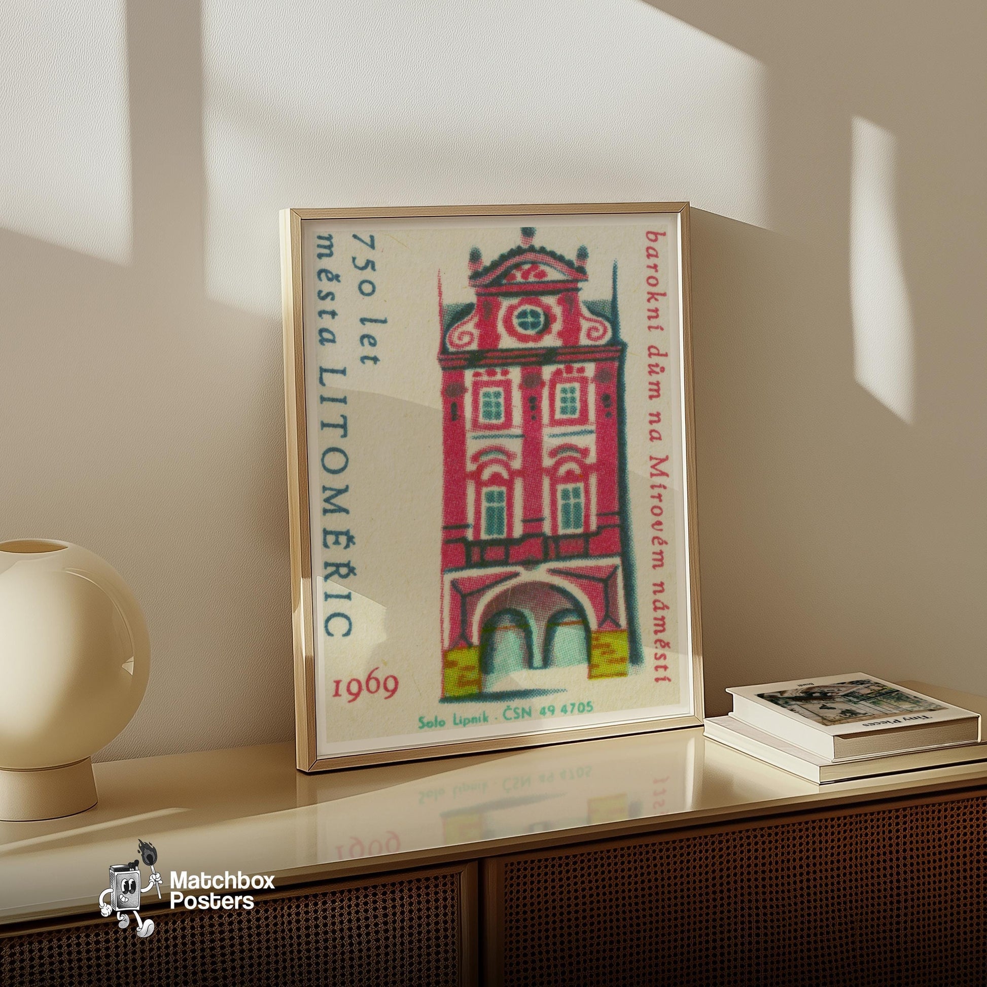 Tall Red House - vintage matchbox label print - size comparison