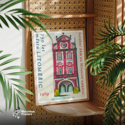 Tall Red House - vintage matchbox label print - office wall
