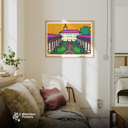 Purple Roofs - vintage matchbox label print - living room mockup