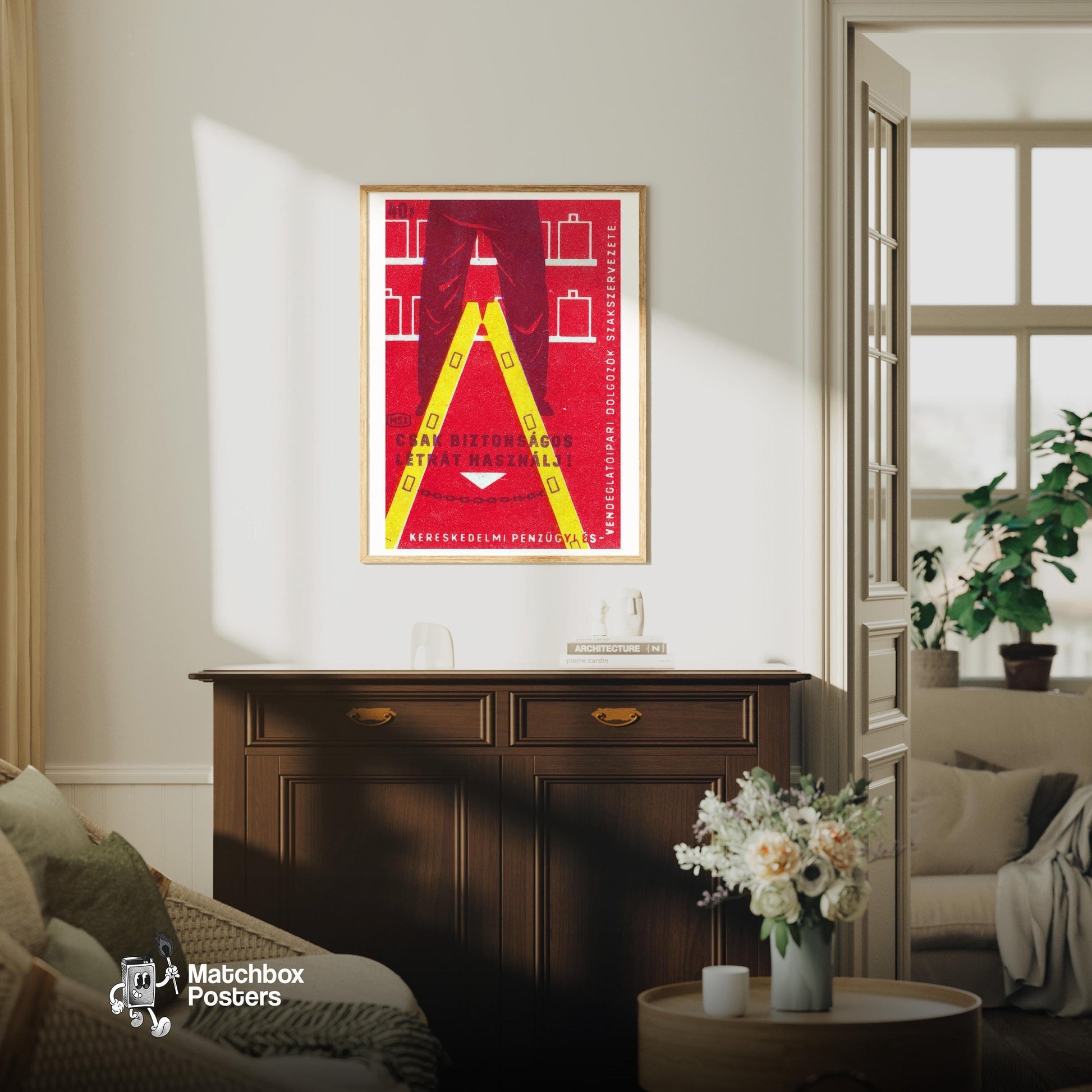 Ladder Safety - vintage matchbox label print - living room mockup