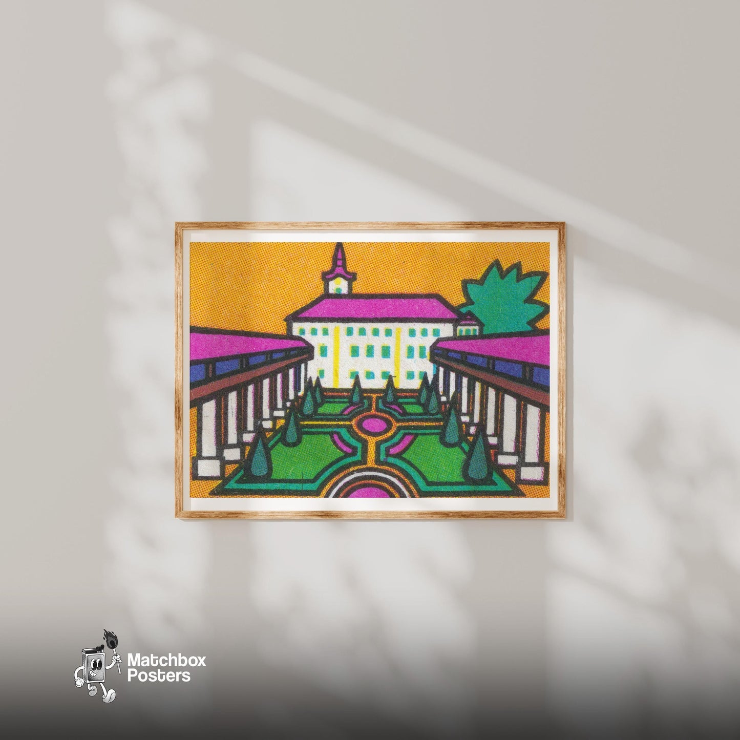 Purple Roofs - vintage matchbox label print - bedroom mockup
