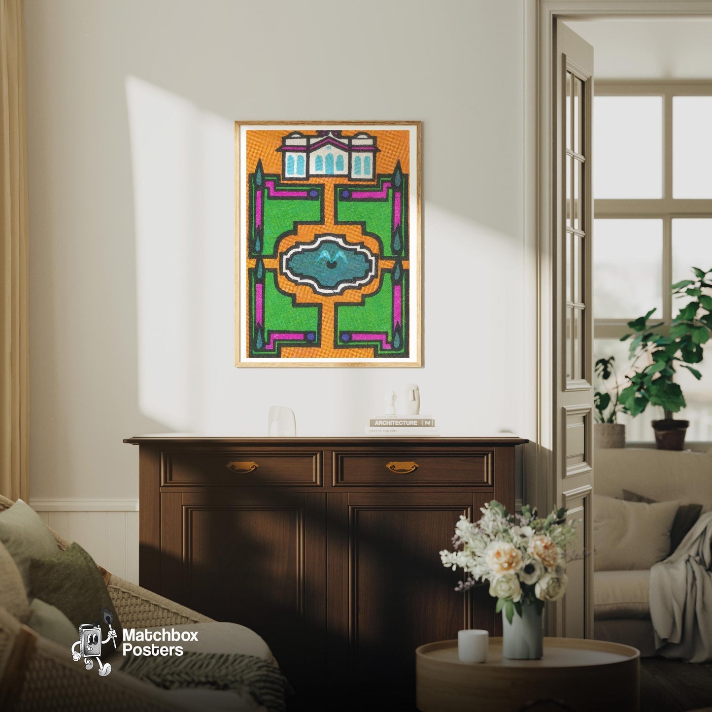 Stylized Building - vintage matchbox label print - living room mockup