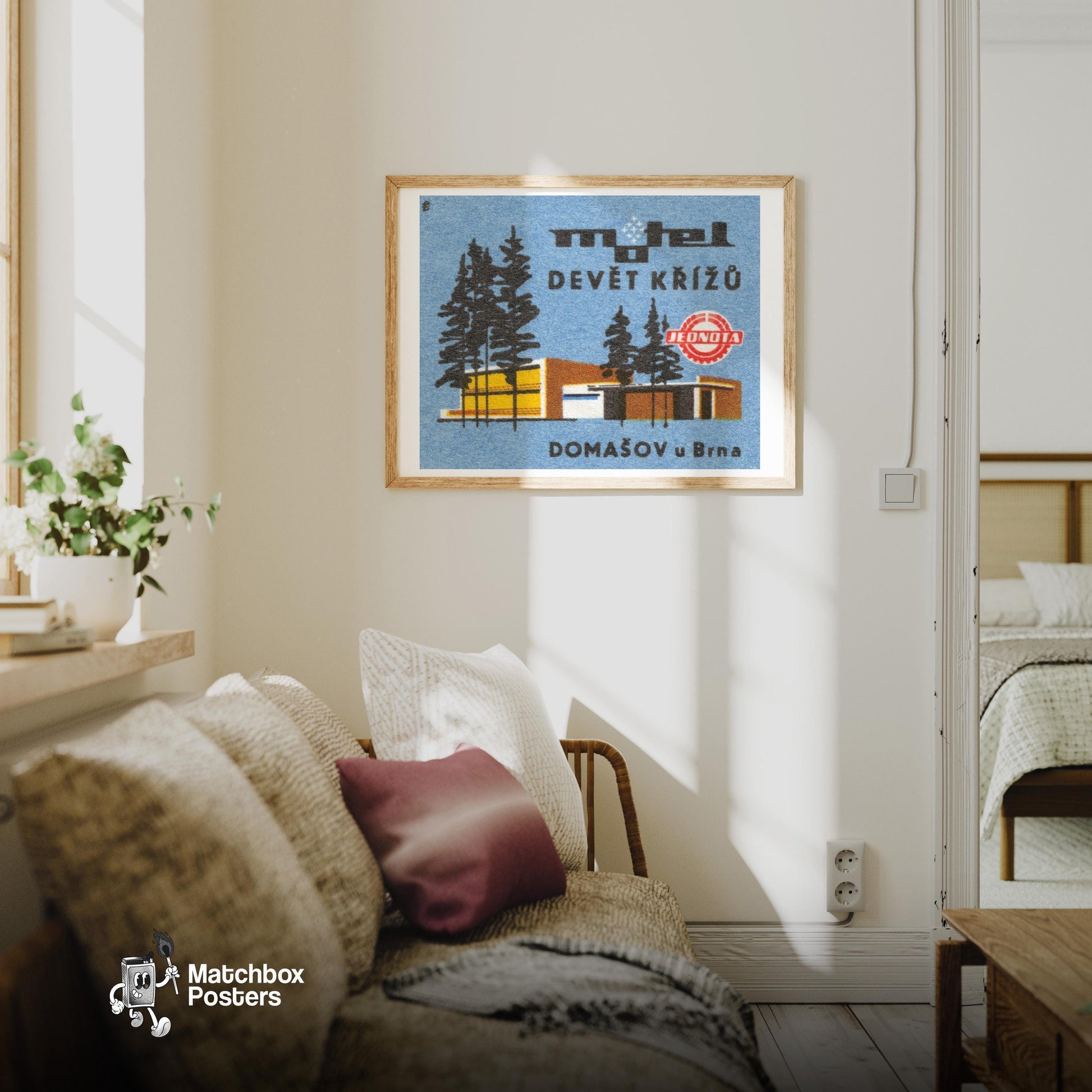 Modern Forest Motel - vintage matchbox label print - living room mockup