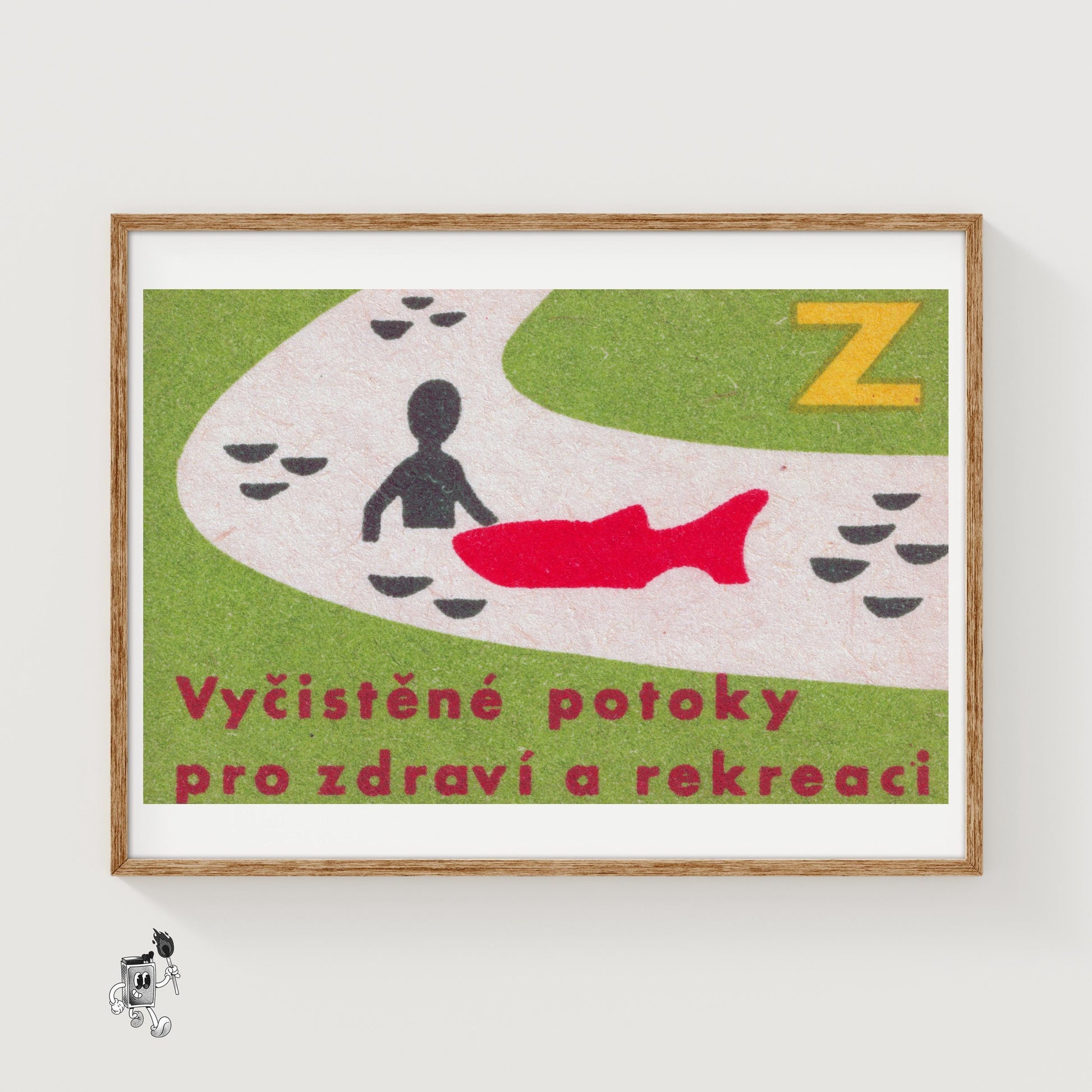 Silhouette with Red Fish - vintage matchbox label print