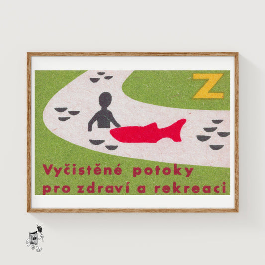 Silhouette with Red Fish - vintage matchbox label print
