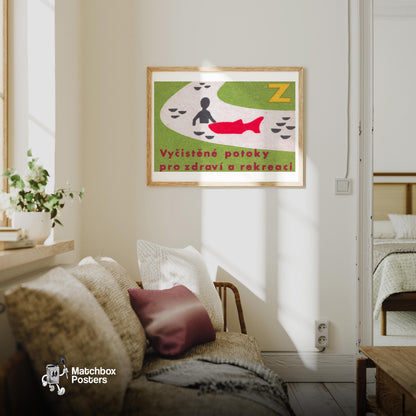 Silhouette with Red Fish - vintage matchbox label print - living room mockup