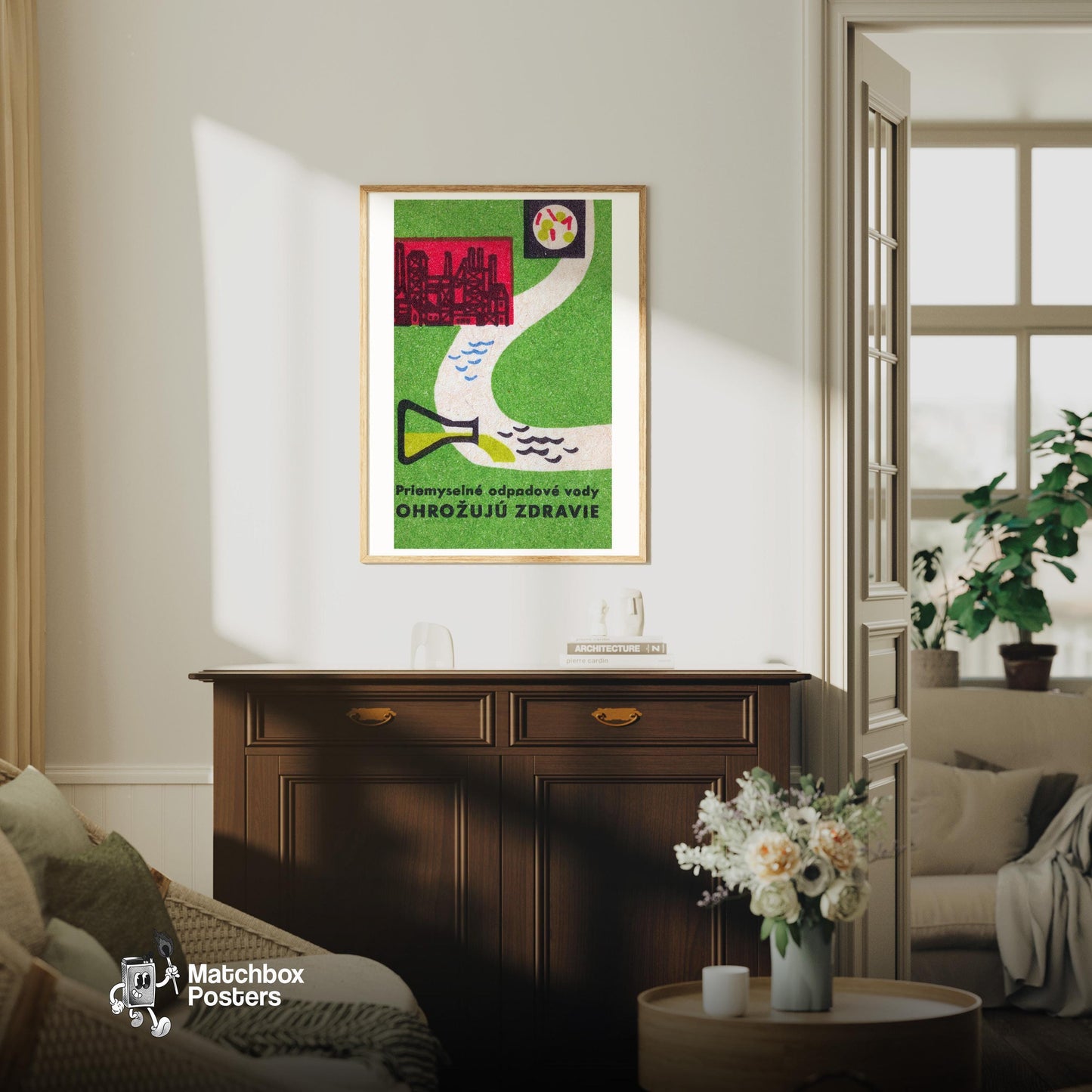 Industrial Waste is a Health Danger - vintage matchbox label print - living room mockup